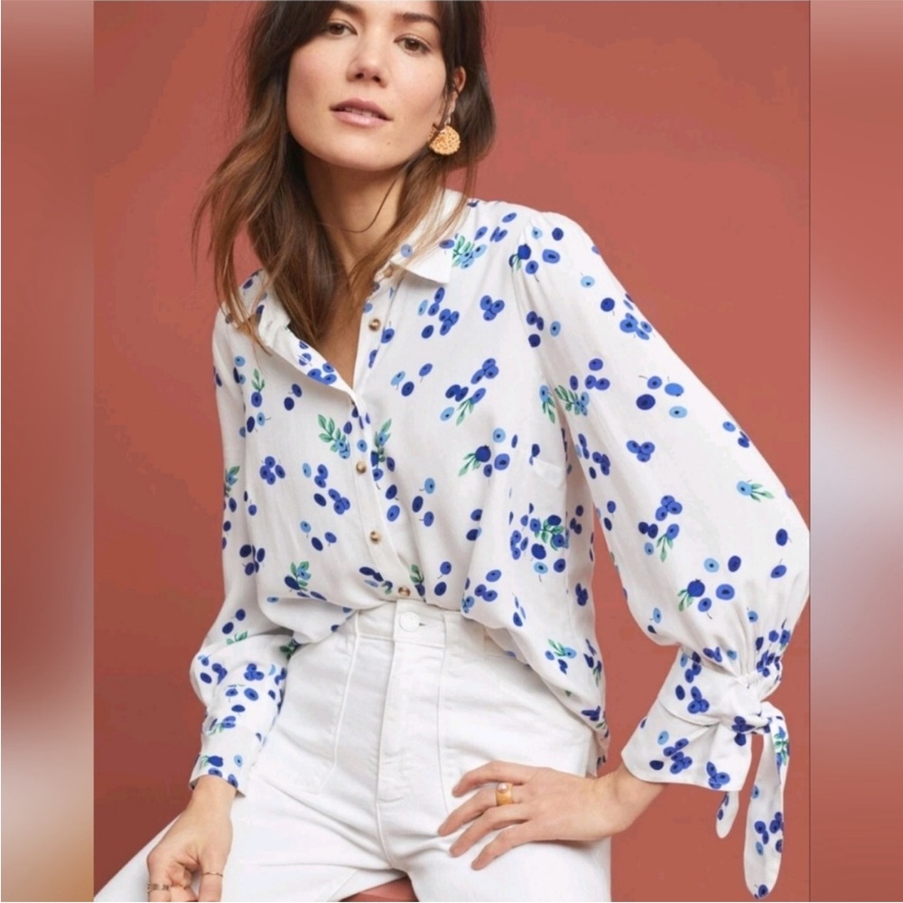 MAEVE Anthropologie BLUEBERRY PRINT LONG SLEEVE WOMEN'S SHIRT SIZE 0